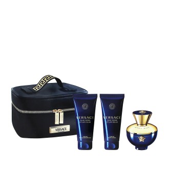 Versace Dylan Blue Pour Femme dárková sada pro ženy parfémovaná voda 100 ml + tělové mléko 100 ml + sprchový gel 100 ml + kosmetická taštička